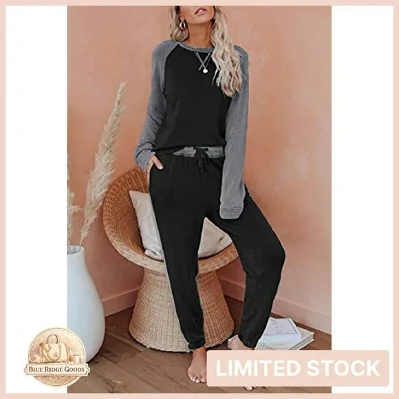 Long Sleeve Pajama Set Lounge Wear Pullover Sweatshirt Pants Pockets